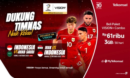 Link dan Cara Nonton Live Streaming Vision  Timnas Indonesia vs Arab Saudi di Kualifikasi Piala Dunia 2026, Ada Paket Hemat! : Okezone Bola