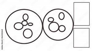 Schematic imitation of moving microbes or biological round microorganisms. Nearby there are two frames for inserting text data.