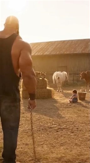 8K Blu ray cinematic scene A huge wrestler stands in a farm courtyard, sunlight gleaming on his swea