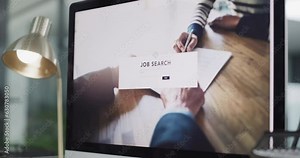 Computer, job search and unemployment with recruitment website on a screen at an office workstation. Laptop, internet and change with a cv or resume on a desk in a human resources onboarding agency