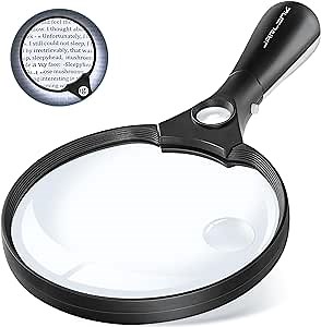 JARLINK Large Magnifying Glass with Light, 10X 20X 45X Illuminated Handheld Magnifier with 3 LED Lights for Seniors Reading, Inspection Coins Jewelry, Exploring, Black
