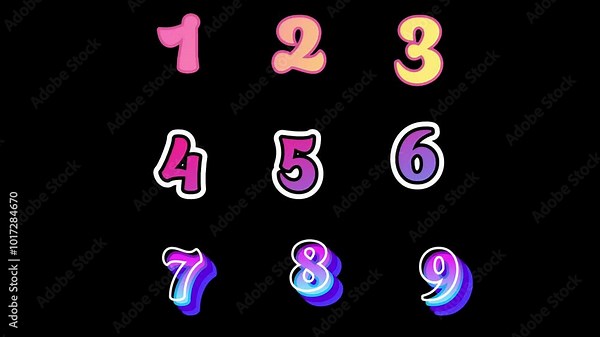 Numbers 1 to 9 with moving numbers colorful black background 4k resolution