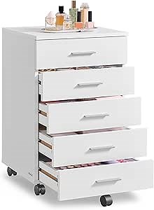 VASAGLE File Cabinet, Mobile Pedestal Filing Cabinet with Wheels, Printer Stand with 5 Drawers, Tool-Free Sliding Rails, for Study, Home Office, Cloud White UOFC081W01