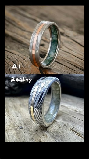 Next Level Wooden Rings on Instagram: "A splendid groom sent me an AI ring design that looked spectacular and asked me if I could create it in real life. I nearly said know as the design looked very challenging but I wanted him to make a splash on his wedding day and prove that AI ain’t putting me out of a job! Inside the ring was made with sterling silver and crushed moss agate. Outside of the ring was Damascus steel with rose gold inlay. What do you think? Are robots putting me out of a job? #