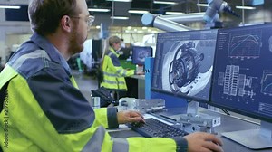 At the Factory: Mechanical Engineer Works on Computer, Designs in CAD 3D Model of the Engine. In the Background Factory Workers and Functioning Robotic Arm. Shot on RED EPIC-W 8K Helium Cinema Camera.