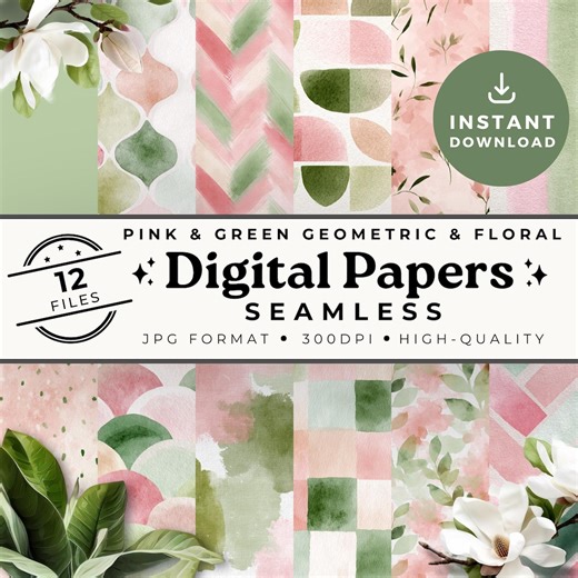 Pink Green Digital Papers | Seamless Pattern Abstract Geometric Checkered Wildflower Cottagecore Coordinating Watercolor Downloadable SP001 - Etsy