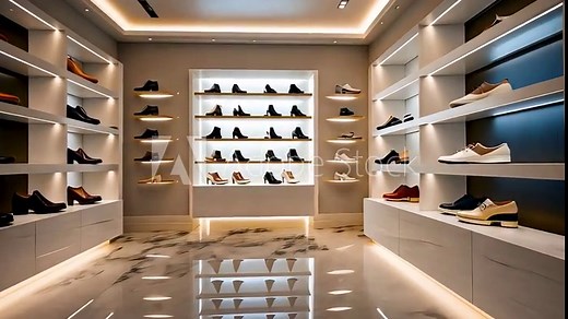 Modern luxury shoe store interior with illuminated shelves and polished floor
