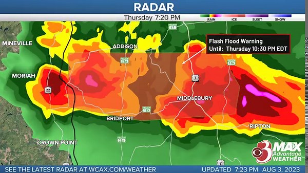 A Flash Flood Warning has been issued for the shaded portions of Addison, Essex County until 8/03 10:30PM. Plan for rapid water rises on rivers and streams and/or flooding of low-lying and poor drainage areas. Never drive through flood water. | WCAX-TV | Facebook