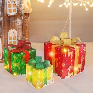 Xuniizn Christmas Lighted Gift Boxes: Set of 3 Light Up Presents Christmas Decoration for Indoor Xmas Tree Outdoor Yard Holiday, Battery Operated Gift Boxes with Pre-lit 50 Warm White Lights