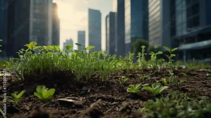Growing plants on ground with city scape background. Save Earth Planet World Concept. World environment day concept. safe the world , ecology concept Stock Video