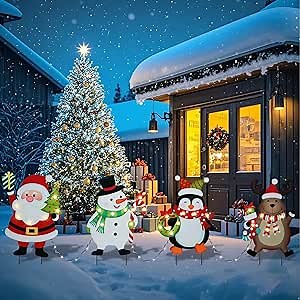 Christmas Yard Signs Stakes - Santa Claus and Snowman Garden Stake Lights, Outdoor Decor With Elk and Penguin, LED Lights for Patio Lawn Decoration