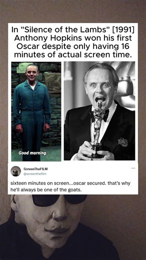 In "Silence of the Lambs" [1991], Anthony Hopkins was only on screen for 16 minutes and still won
