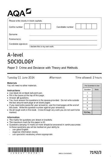 2024 AQA A LEVEL SOCIOLOGY QUESTION PAPER 3 (7192/3: Crime and Deviance with Theory and Methods).