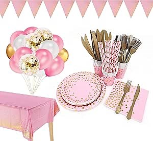 142 Piece Pink and Gold Party Supply Set, Polka Dot Tableware With Plates, Napkins, Cups, Utensils for Graduations, Birthdays, Cocktail Parties