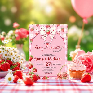 Strawberry Baby Shower Invitation Template: Berry Sweet Baby Shower Invite, Strawberry Theme (digital Download) - Etsy
