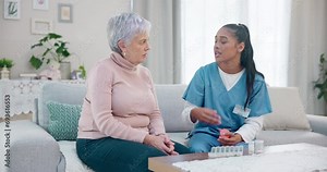 Medicine, senior woman or nurse explain medication instruction, dosage and pharmaceutical prescription. Healthcare, home medical support or retirement caregiver talking to elderly patient about pills Stock Video