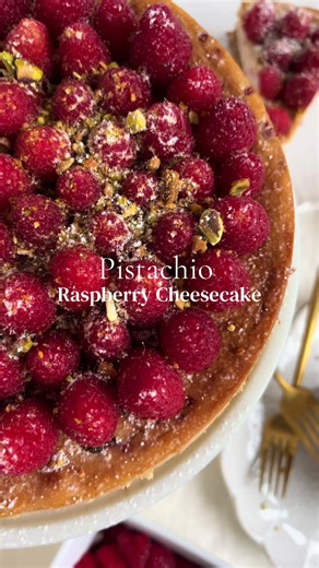 Pistachio raspberry cheesecake Ingredients Crust: 12 oz graham crackers 1 cup pistachios 1 cup melted butter Filling: 3 - 8 oz cream cheese ( room temperature ) 1 stick unsalted butter 1/2 cup brown sugar or light brown sugar 1/2 cup granulated sugar 1/4 teaspoon sea salt 3 eggs 1/2 cup heavy cream 1 tsp almond extract 1 cup mashed fresh raspberries Topping - 2 cups fresh raspberries 1/3 cup pistachios powdered sugar Instructions 1. Preheat oven to 375. Spray the cheesecake pan with olive oil sp