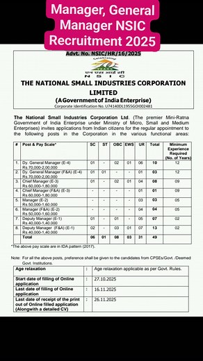 Manager, General Manager NSIC Recruitment 2025 #manager | Government Jobs