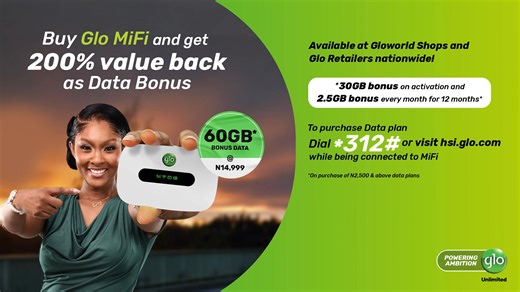 The freedom to connect anywhere isn’t a luxury — it’s essential. With Glo MiFi, enjoy 30GB FREE at activation and monthly data bonuses for a whole year. No plugs. No pauses. Just power in your pocket. 📲 Dial *312# or walk into Gloworld to get yours. #GloMiFi #GloUnlimited #Gloworld | Glo World