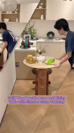 Solid Wood Double Drop Leaf Dining Table with Sintered Stone Tabletop