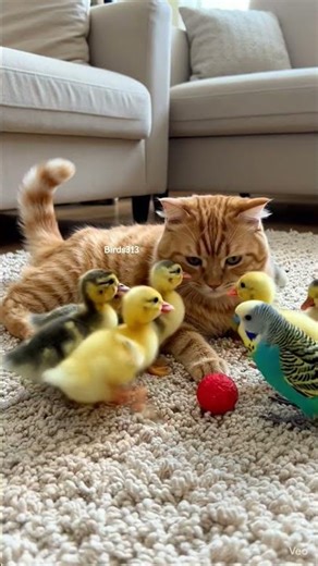 A cat, chicks, and parrots share a joyful friendship. 🐱🐥🦜