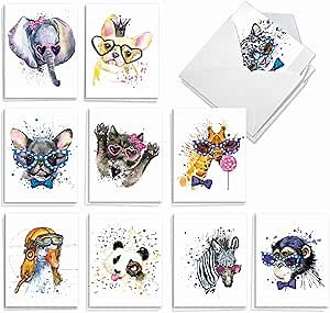 The Best Card Company - 20 Bulk Animal Note Cards Blank (4 x 5.12 Inch) - Fun Assorted Notecards with Envelopes (10 Designs, 2 Each) - Funky Colorful Creatures AM6749OCB-B2x10