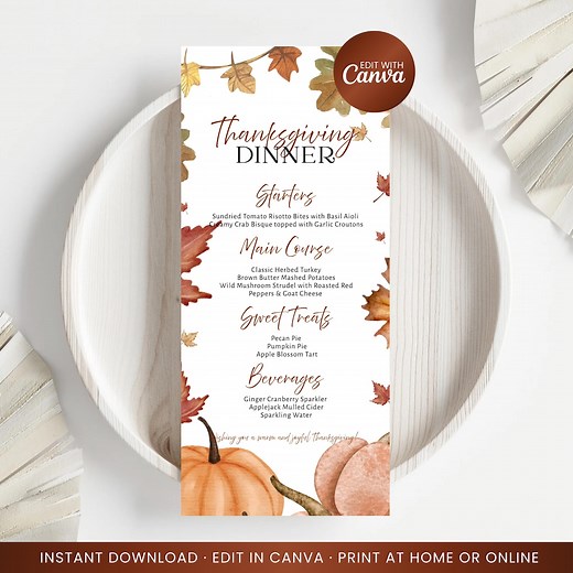 Editable Thanksgiving Dinner Menu | Pumpkin Thanksgiving Dinner Menu | Fully Editable Printable Template | Friendsgiving | Template Canva - Etsy