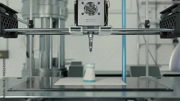 Futuristic 3D printer equipment building an artificial arm replacement. 3D printer machine creating an advanced robotic arm. 3D printer manufacturing the enhanced human arm substitution.