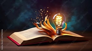 magic book opened book with light bulb. Concept of knowledge and wisdom created with generative ai