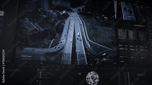 Innovative Spy Surveillance Software For Target Monitoring Connects To Pursuit Drone. Target Monitoring Surveillance System Tracking Car On Modern City Road. Target Monitoring Surveillance Interface