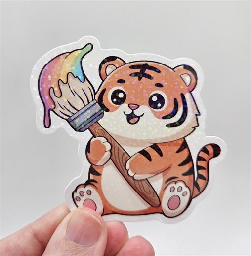 Kawaii Tiger Artist Sticker – Cute Painting Tiger With Brush – Creative Animal Vinyl Sticker - Etsy