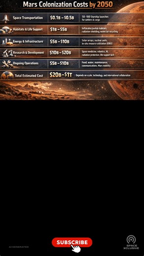 Did you know ? How much it costs for Humans to Colonize Mars by year 2050 ? Colonizing Mars by 2050 could cost $100B–$1T, covering transport, habitats, energy, R&D, and operations. Explore humanity’s first interplanetary settlement and its ambitious future. #MarsColonization,#SpaceExploration,#FutureOfHumanity,#InterplanetaryTravel,#MarsMission,#SpaceTech,#Starship,#MarsHabitat,#RedPlanet,#SpaceInnovation,#Mars2050 @highlight | Enknowledgepedia