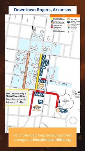 11K views · 70 reactions | The City of Rogers has APPROVED the road closures and Bike-Only Lane and Parking for the 2024 Bikes Blues and BBQ Rally. Check out the rally map at https://bikesbluesandbbq.org/blog/2024-rally-map/ #bikesbluesandbbq #freenwaevent #nwamusic #motorcyclerally #destinationrogers #progressive #harleydavidson #pigtrailhd | Bikes Blues and BBQ | Facebook
