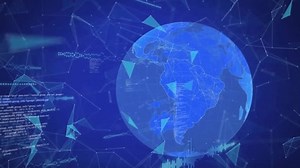 Animation of connections and data processing over globe. Global connections, computing and data processing concept digitally generated video.