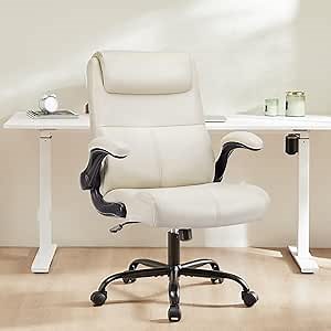 OLIXIS Executive Office Chair - Ergonomic Mid Back with 360° Swivel Wheels, Computer Desk with Lumbar Support, Height Adjustable PU Leather with Flip-up Armrest, Beige White