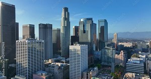 Los Angeles skyline with towering skyscrapers. Panoramic view of Los Angeles. Los Angeles with skyscrapers. American city of Los Angeles. LA from above.