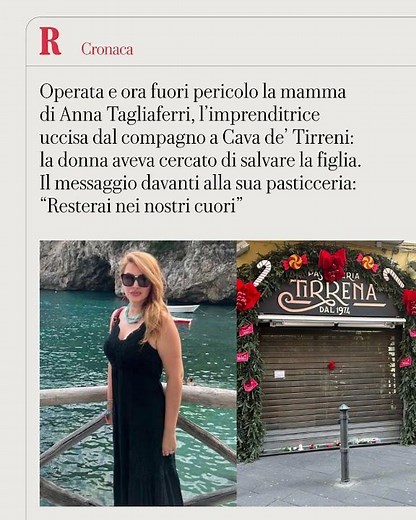 Operata e fuori pericolo la mamma di Anna Tagliaferri, uccisa dal compagno a Cava de' Tirreni