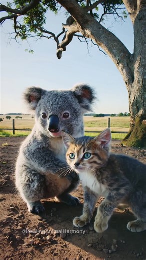 The kitten stretches its paw forward, and the koala leans in with slow curiosity.