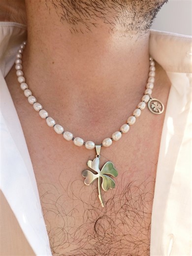 Bold Mens Pearl Necklace,statement Choker,symbolic Clover Lucky Necklace,talisman Necklace,mens Real Pearl Gemstone Jewelry Necklace - Etsy