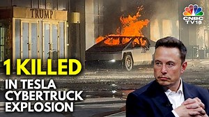 At least one person was killed after a Tesla Cybertruck exploded outside a hotel belonging to US President-elect Donald Trump in Las Vegas. Tesla CEO Elon Musk stated that the entire incident is being investigated & the blast was "unrelated to the vehicle itself". #tesla #cybertruck #fire #trumphotel #lasvegas #elonmusk #trump #international #cnbctv18digital | CNBC-TV18