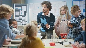 Elementary School Science Classroom: Enthusiastic Teacher Explains Chemistry to Diverse Group of Children, Shows them How to Mix Chemicals in Beakers. Children Use Digital Tablet Computers and Talk