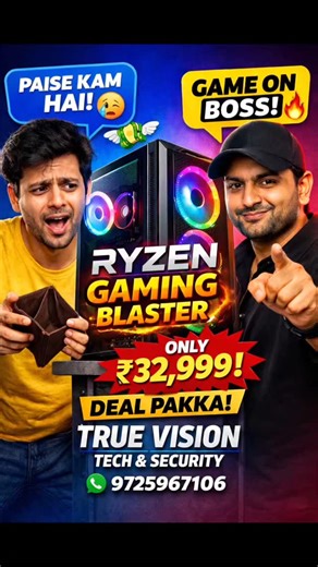 True Vision Tech & Security on Instagram: "⚡🔥 RYZEN GAMING BLASTER – VALUE GAMING + EDITING PC UNDER ₹35K! 🔥⚡ A perfect all-rounder PC for casual gaming, editing, content creation, studies & office work. Ryzen 5 3400G with Radeon Graphics ensures fast boot, smooth performance & beautiful RGB setup. ⭐ Key Specs: • AMD Ryzen 5 3400G • Gigabyte B450M K • 8GB DDR4 3200MHz • 512GB NVMe SSD • Integrated Radeon Vega Graphics • 450W Gold PSU • Zebronics CORA RGB Gaming Cabinet • Windows 11 + MS Office