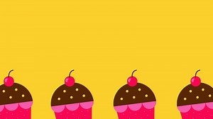 Download Looping animation of pink and chocolate muffins lined up at the bottom with soft yellow background and copyspace. Perfect for birthday greetings, kids party visuals, and sweet celebration themes. for free