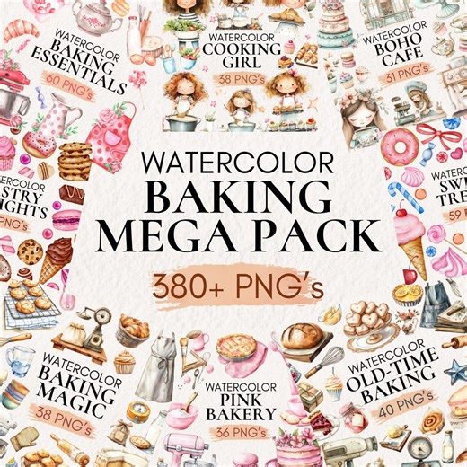 Watercolor Baking Clipart MEGA Bundle, 360  Baking PNG, Pastry Sweets Graphics Bakery Logo Elements, Cooking Girl PNG, Kitchen Illustrations - Etsy