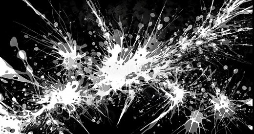 Abstract black and white splatter art with dynamic paint bursts on a dark background.