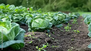 cabbage plantations grow in the field. vegetable rows. farming, agriculture. Landscape with agricultural land. crops. selective focus