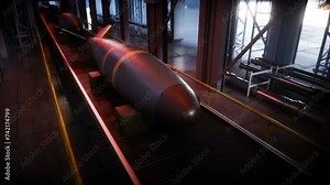 Atomic, nuclear bomb factory, production line. War concept, realistic 4k animation.