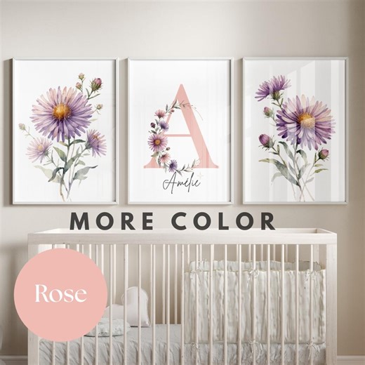 September Birth Flower Wall Art Set of 3 – Aster Watercolor – Personalized Name Nursery Print – September Baby Gift – Purple Floral Nursery - Etsy