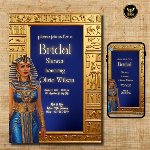 Egyptian Bridal Shower Invitation | Hieroglyphic Gold Frame & Blue Goddess Bride | Editable Canva Template - Etsy