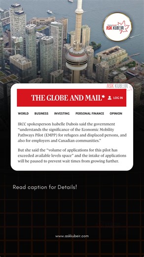 🇨🇦 Canada’s immigration department has paused the Economic Mobility Pathways Pilot, a program that connected skilled refugees with Canadian job vacancies and permanent residency. IRCC cited a large application backlog and limited spaces under the 2026–2028 Immigration Levels Plan. No new applications will be accepted while existing cases are processed, and no restart date has been announced. The program, active since 2018, brought engineers, nurses, technicians, and other skilled workers to Ca